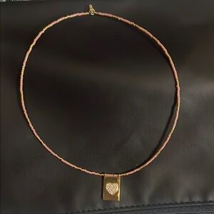 Gold Heart Pendant Necklace with Pink Beaded Chain